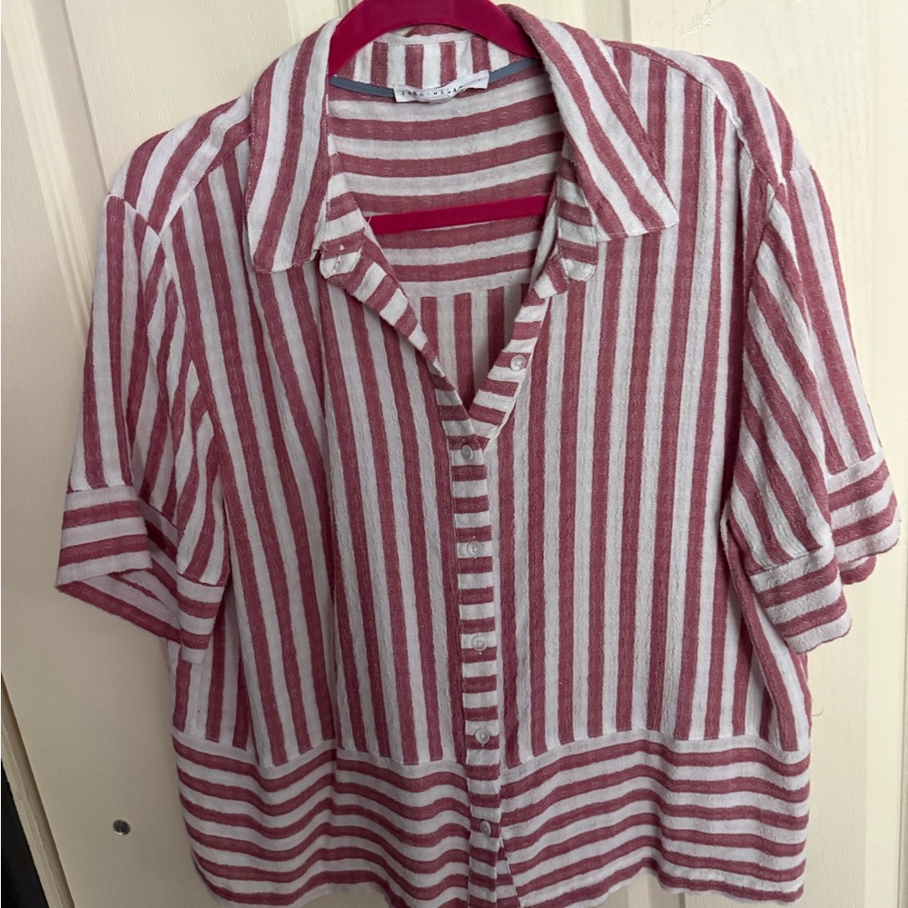 Striped Button-Front Relaxed Shirt - Pink & White